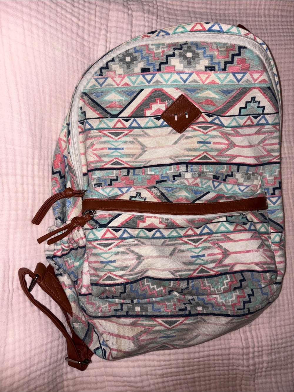 Claire's Aztec Pattern Backpack in Pink, Blue and Brown Trim